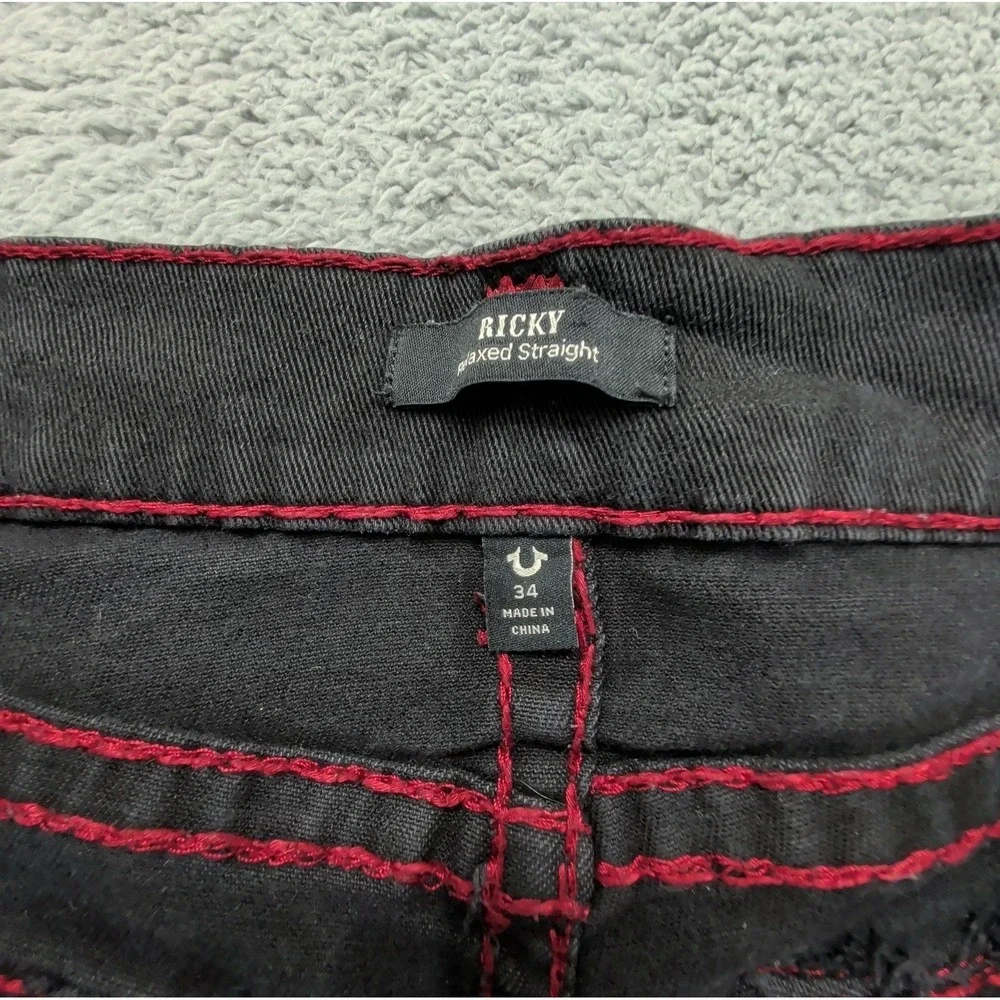 True Religion Ricky Super T Flap Pockets Black Thick Red Stitch Mens Size 34x32